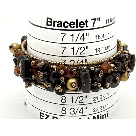 Boho Chic Multi Bead Bangle Bracelet Cuff Flex Wire Eclectic Earthy Tones Brown - Picture 8 of 9